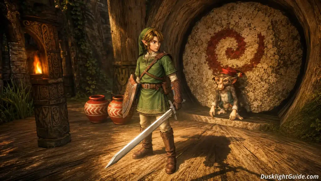 Link standing in a village scene in Dusklight with enhanced graphics and 4K visuals